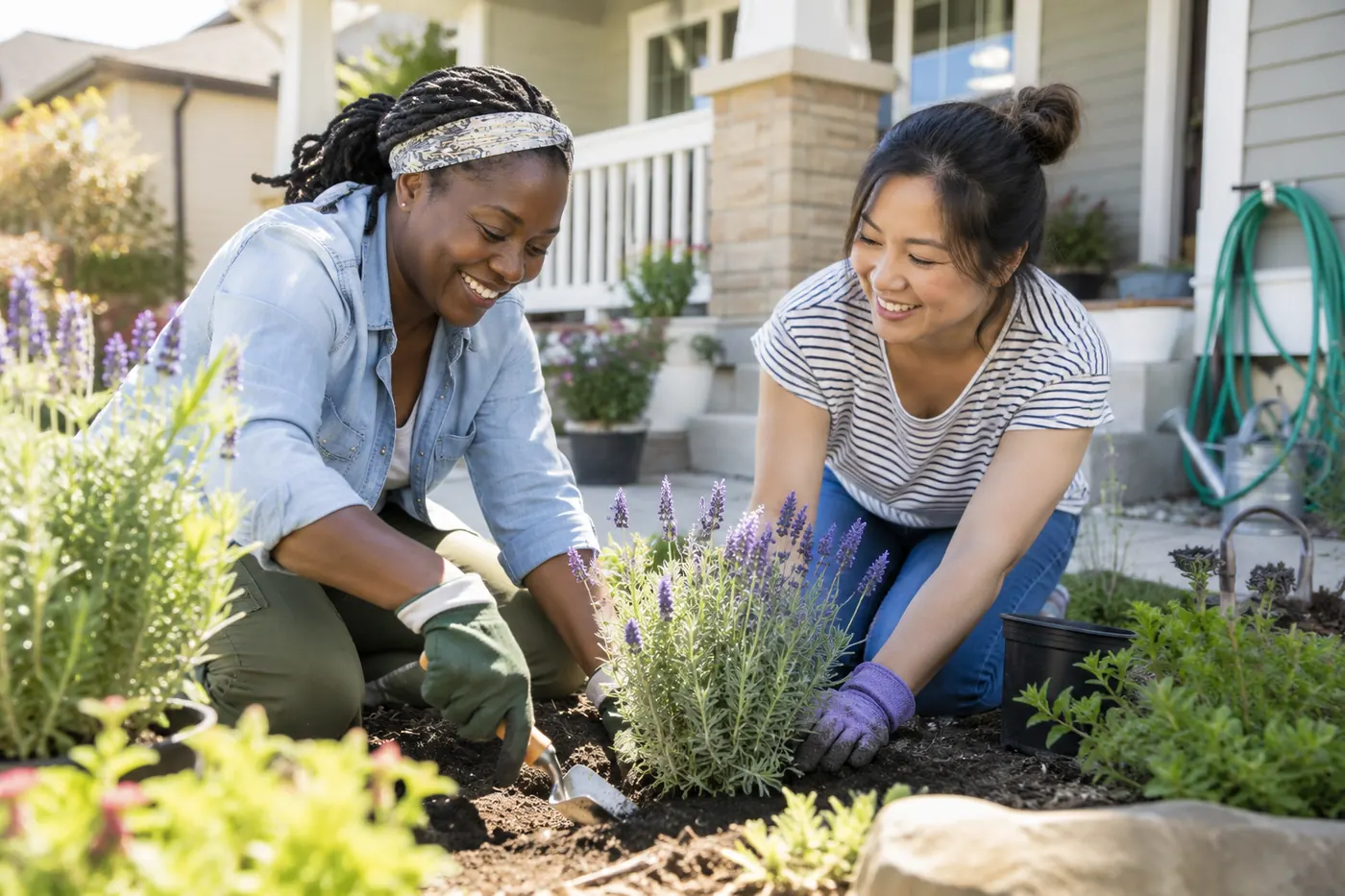 Two women plant lavender in a front garden