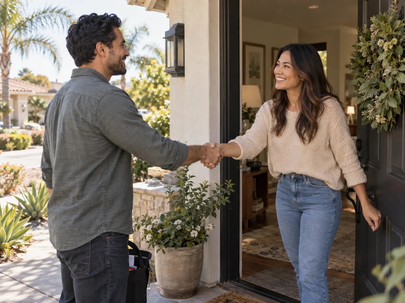 A helper with a toolbox greets a homeowner at her front door