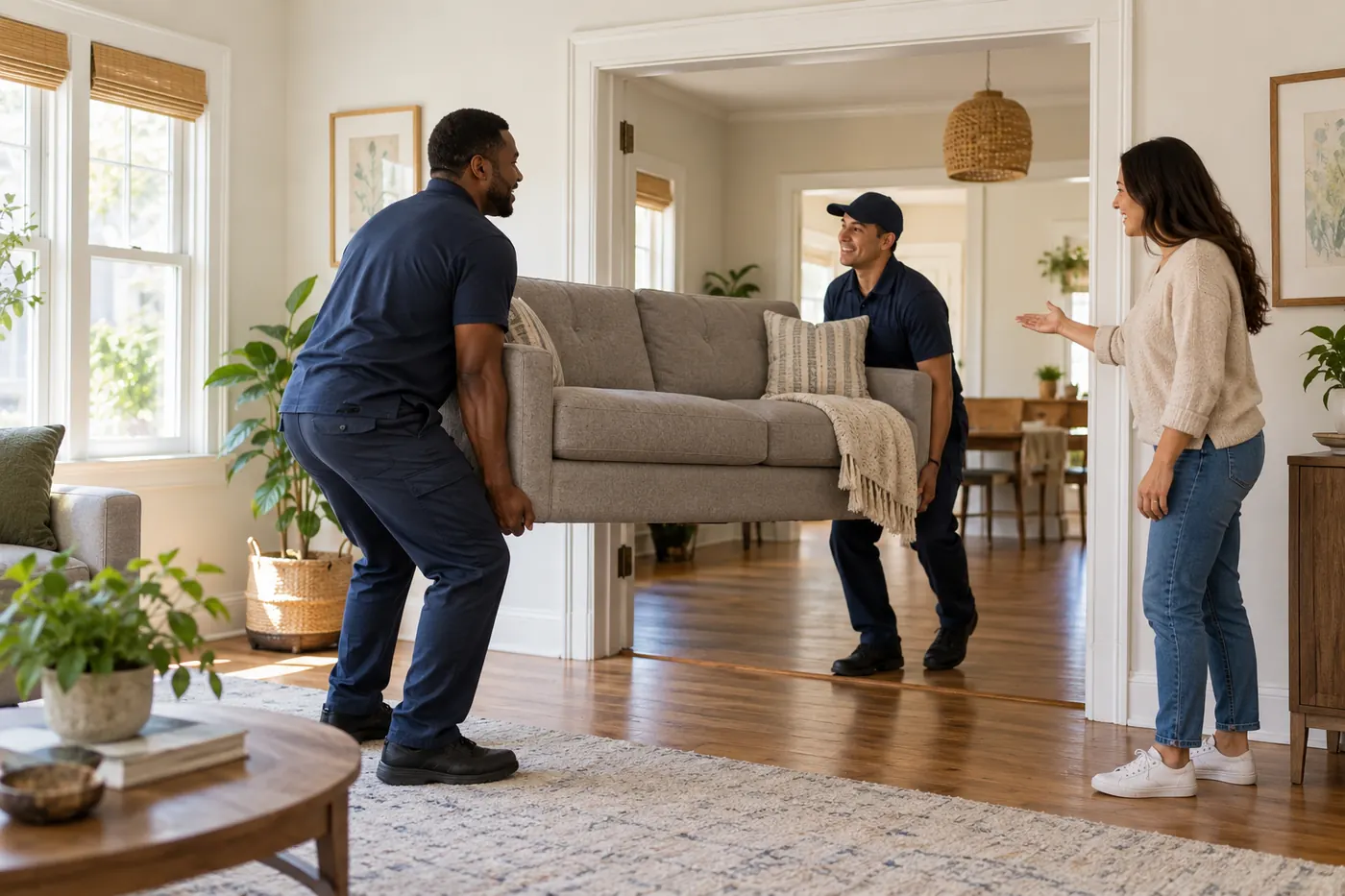 Two helpers carry a grey sofa through a living room while the homeowner points the way